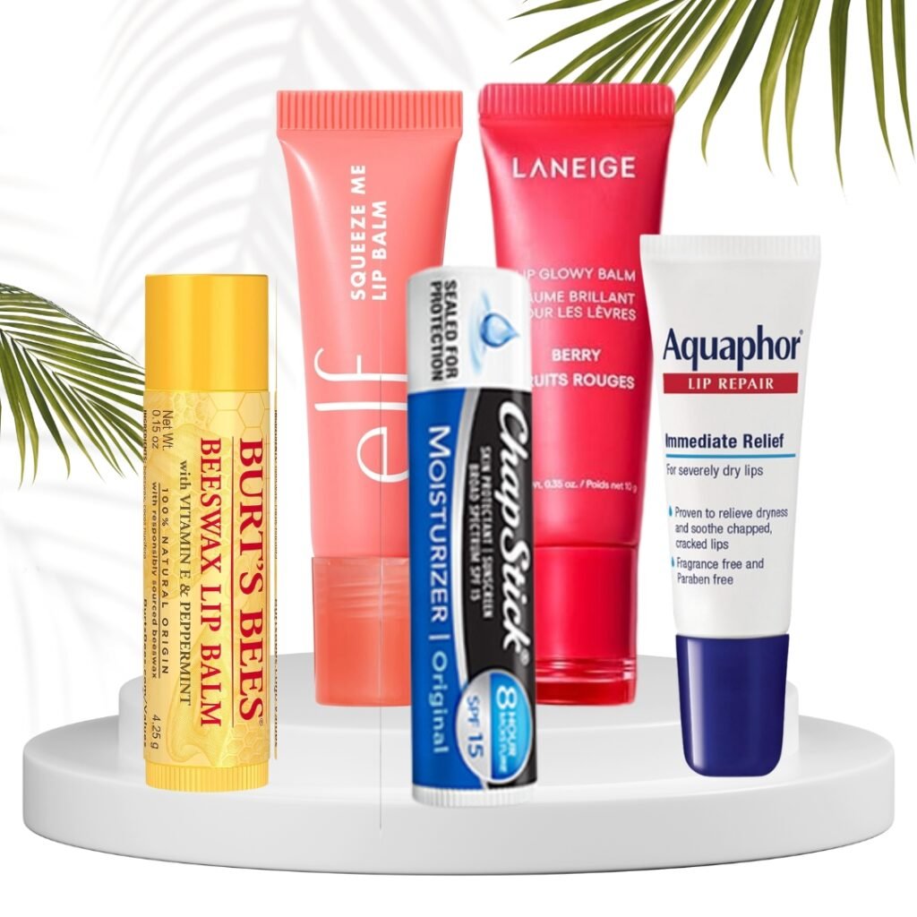 Flat lay of the top 5 lip balms for summer 2025, including Laneige, Aquaphor, ChapStick, e.l.f., and Burt’s Bees, ideal for dry lips, SPF protection, and daily hydration. | Look&Care