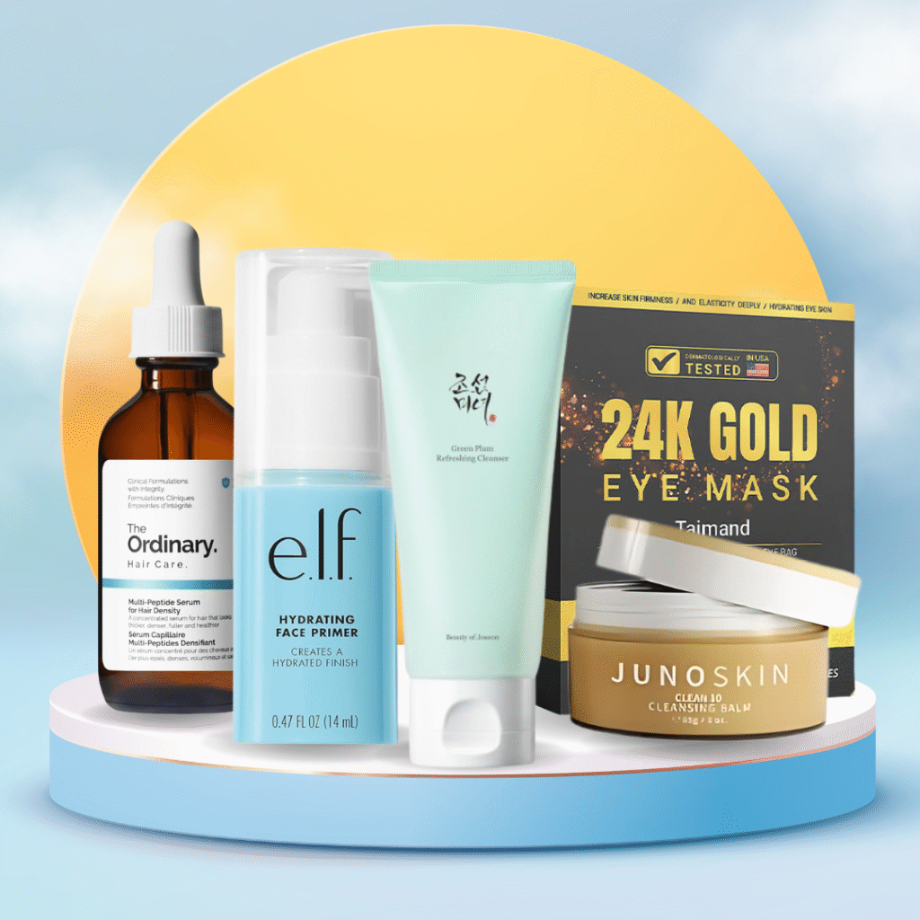 Flat lay of underrated Amazon beauty products including cleansing balm, primer, scalp serum, Korean cleanser, and under-eye masks | Look&Care