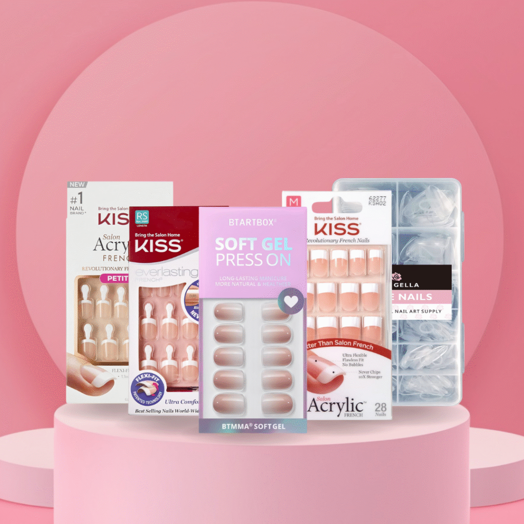A collection of the top 5 press-on nail kits from Amazon, including French tip designs, ombré gel finishes, and almond-shaped DIY nail tips. Each kit is displayed with its packaging, nail glue, manicure stick, and included tools, styled in a flat lay on a neutral background to showcase their salon-quality appearance and variety of shapes, lengths, and materials.