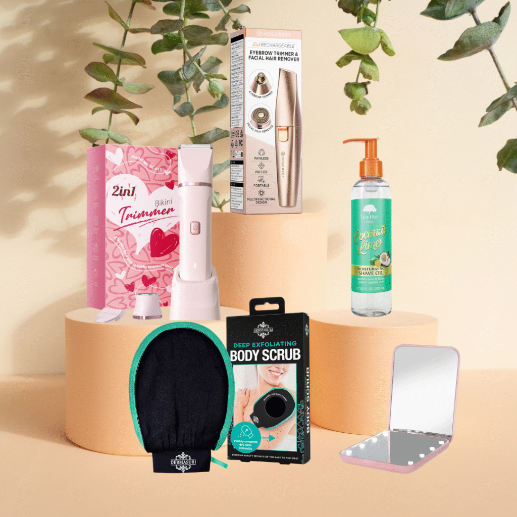 Flat lay of compact women's grooming tools for summer travel, including a bikini trimmer, facial hair remover, exfoliating glove, shave oil, and LED pocket mirror, perfect for vacation beauty routines.