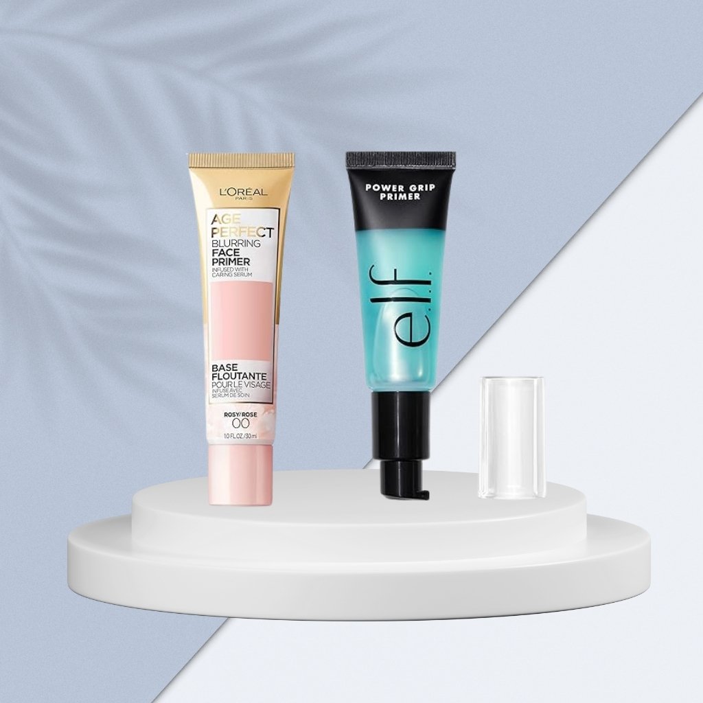 Side-by-side comparison of e.l.f. Power Grip Primer and L'Oréal Paris Face Primer – best drugstore skin primers for oily and mature skin in 2025.