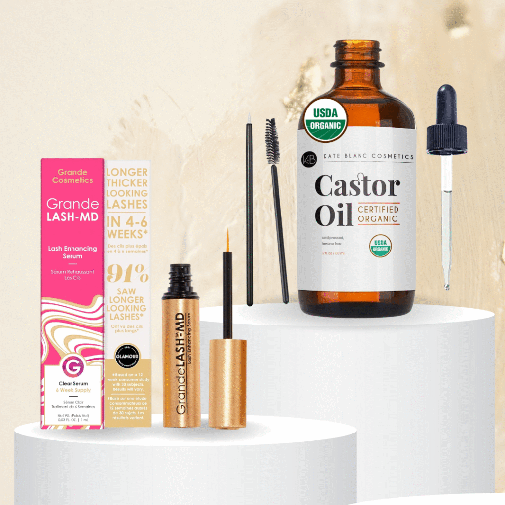 Side-by-side comparison of GrandeLASH-MD Lash Enhancing Serum in a gold tube with a precision applicator, and KATE Natural Eyelash Growth Serum featuring a mascara-style wand. both designed to promote longer, fuller lashes, one with peptides and hyaluronic acid, the other with castor oil and biotin for natural nourishment.